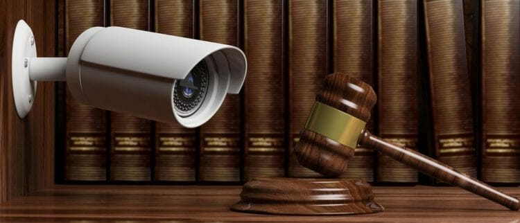 Crime, judge and security. Surveillance camera CCTV on blur lawyer office background Crime, judge and security. Surveillance camera CCTV on blur lawyer office background