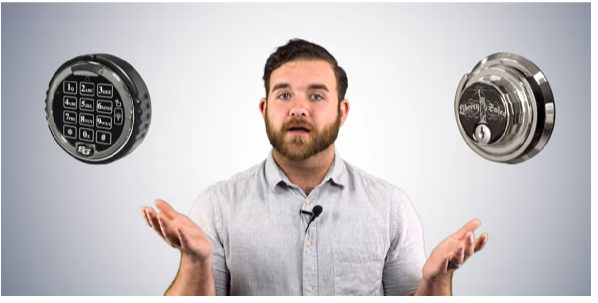man weighing on traditional and electronic key lock